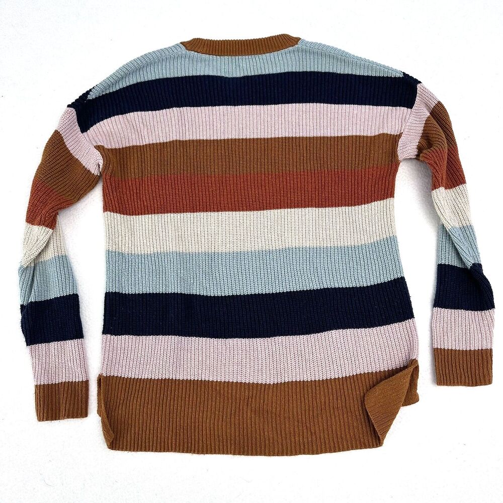 Madewell Pullover Sweater XS Pocket Rainbow Stripe Thompson Hi Low Fawn Boxy - Picture 7 of 11